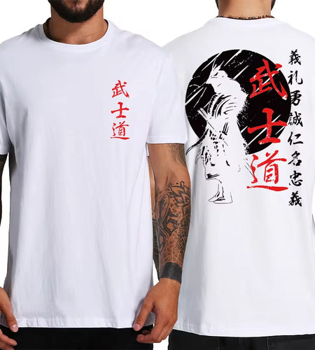 Japan Samurai Spirit T Shirts for Men Japanese Style Back Print Loose Oversized 100% Cotton Tops T-Shirt Bushido Male Gifts Tee