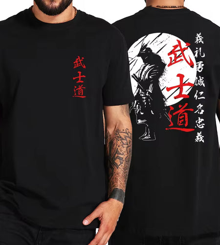 Japan Samurai Spirit T Shirts for Men Japanese Style Back Print Loose Oversized 100% Cotton Tops T-Shirt Bushido Male Gifts Tee